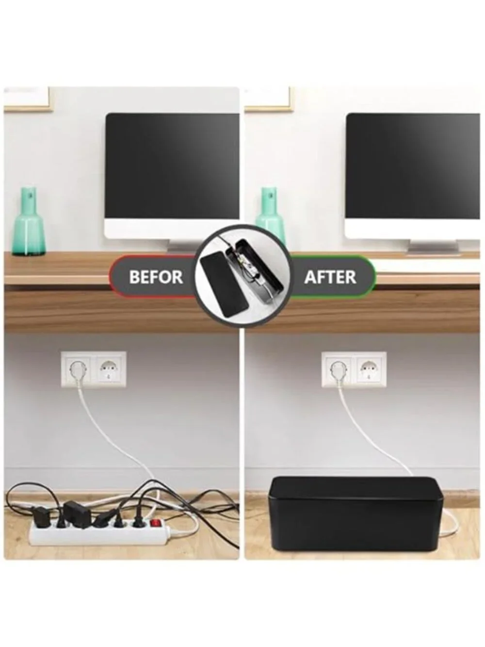 Cable Management Box Cord Organizer Power Strip Wire Storage Box Black Large